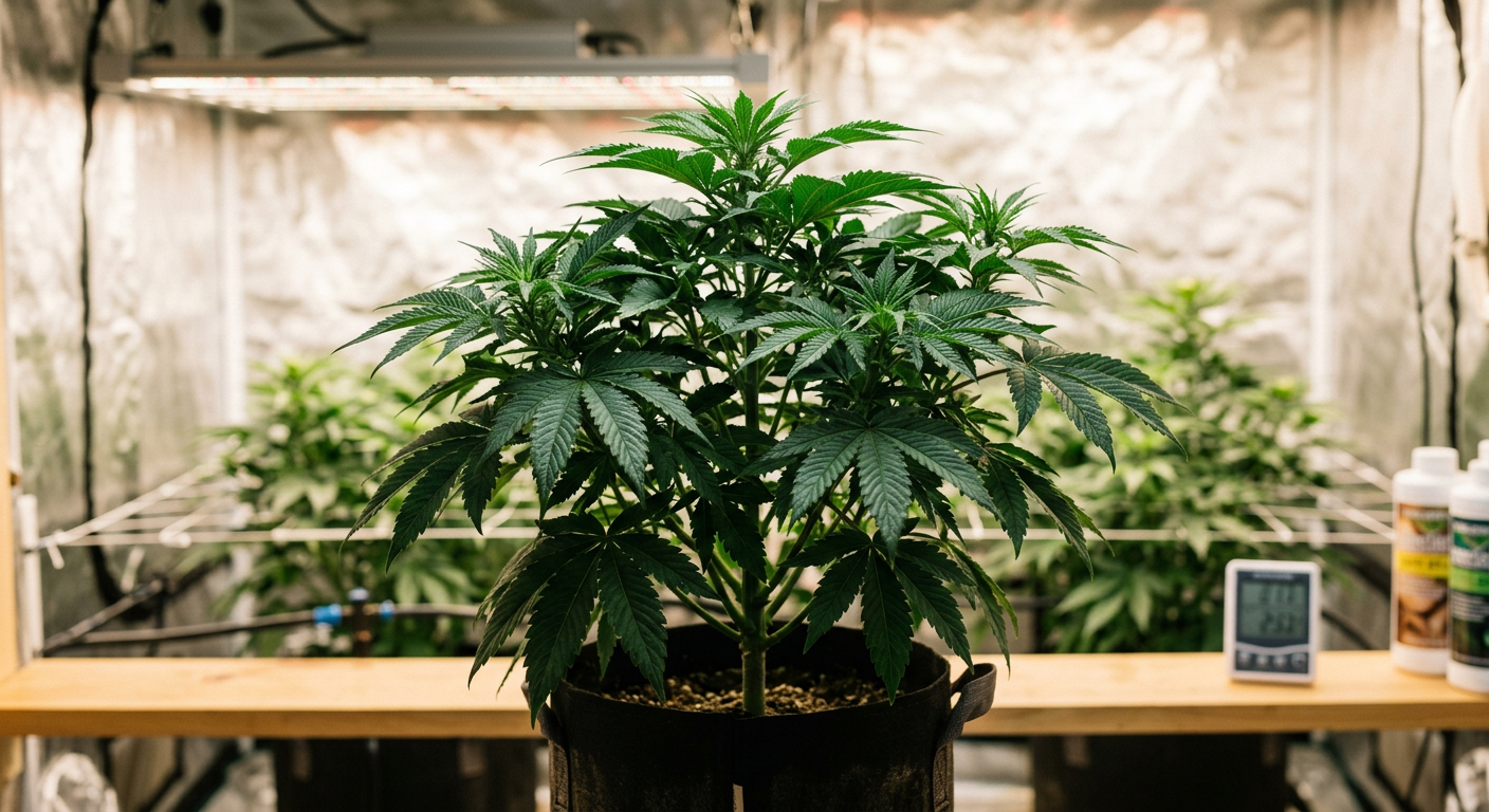 Cannabis-Pflanze mit gesundem Blattwerk nach pH-Korrektur