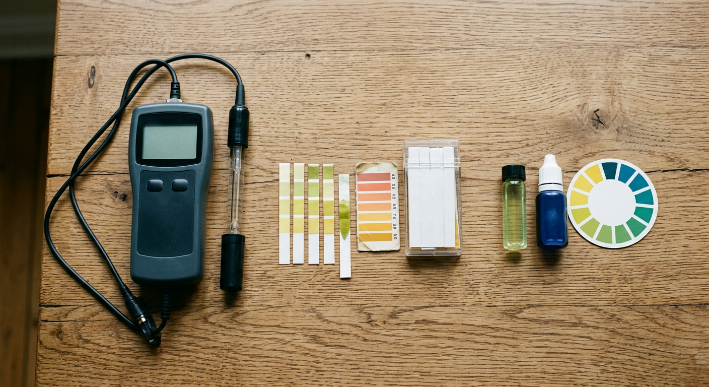 Drei pH-Messmethoden im Vergleich: digitales Meter, Teststreifen und Tropfentest nebeneinander