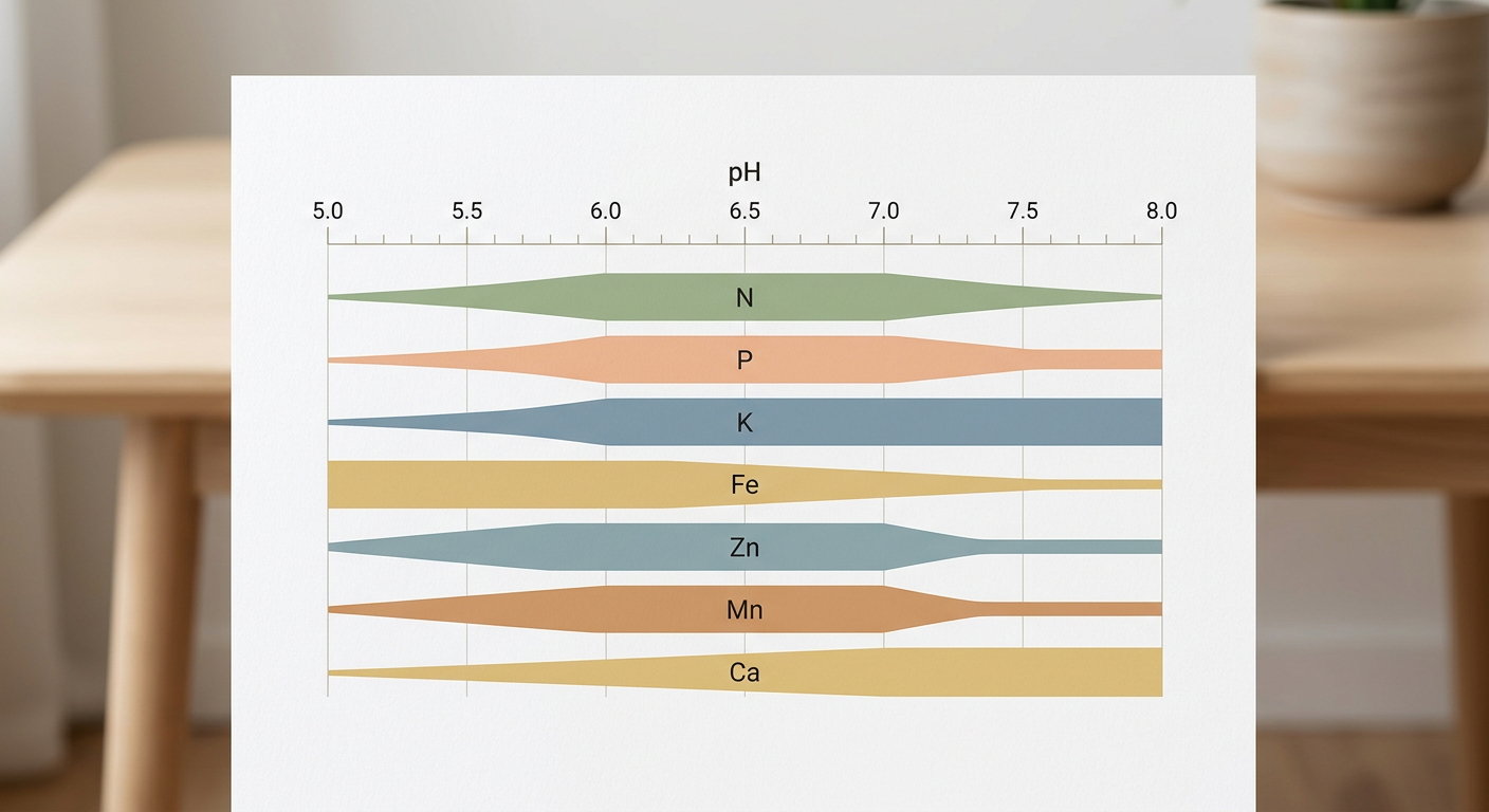 Diagramm zeigt farbige Verfügbarkeitsbänder von Pflanzennährstoffen auf einer pH-Skala