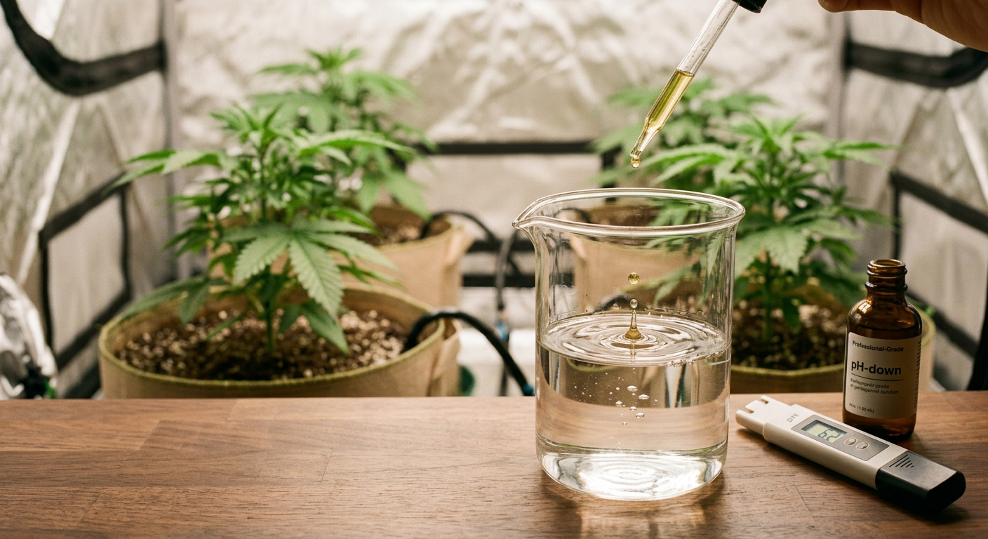 Tropfenweise Zugabe von pH-Minus in Gießwasser für Cannabis