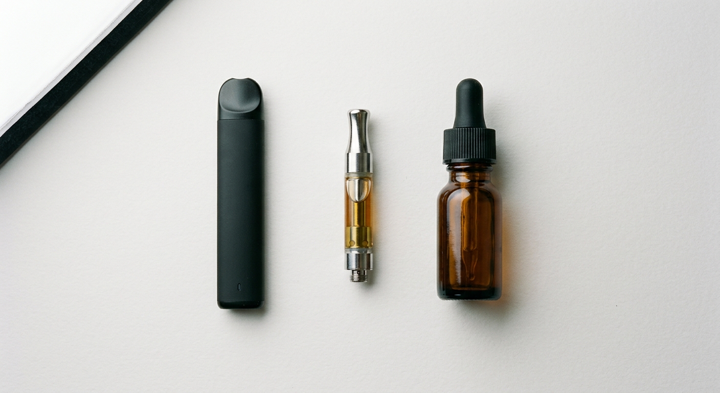 Drei THCA Vape Produktformen nebeneinander: Einweg-Pen, Cartridge und Liquid-Flasche auf weißem Untergrund
