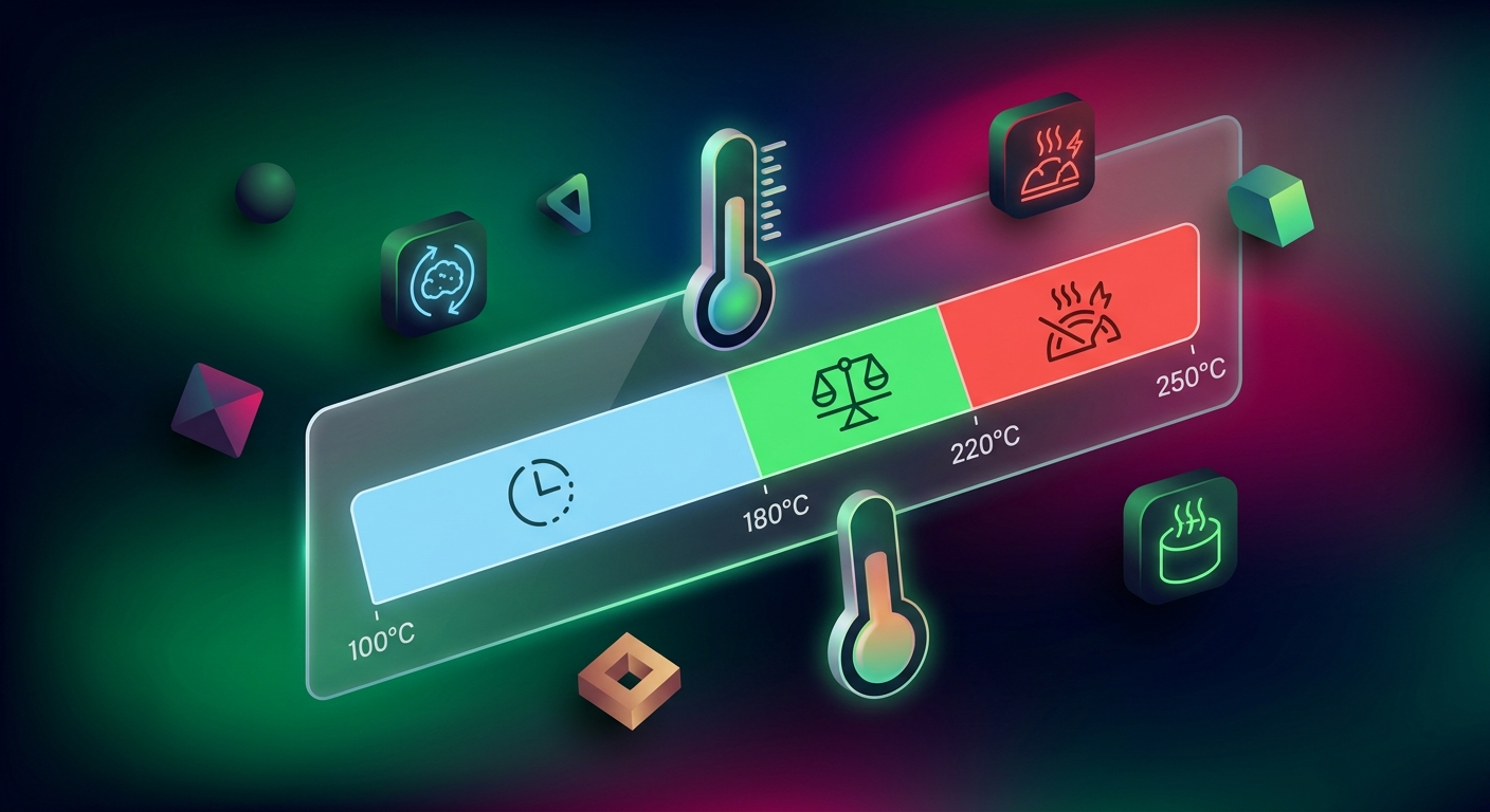 Temperaturgrafik für THCA Vapes: grüne Optimalzone 180–210 °C, blau darunter, rot darüber