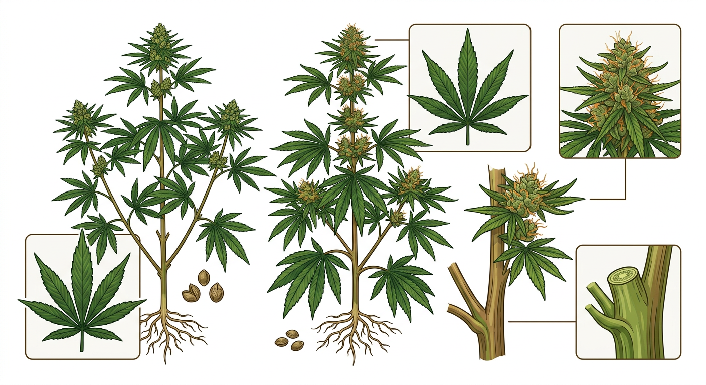 Botanische Illustration der Cannabispflanze mit Blättern und Blütenständen