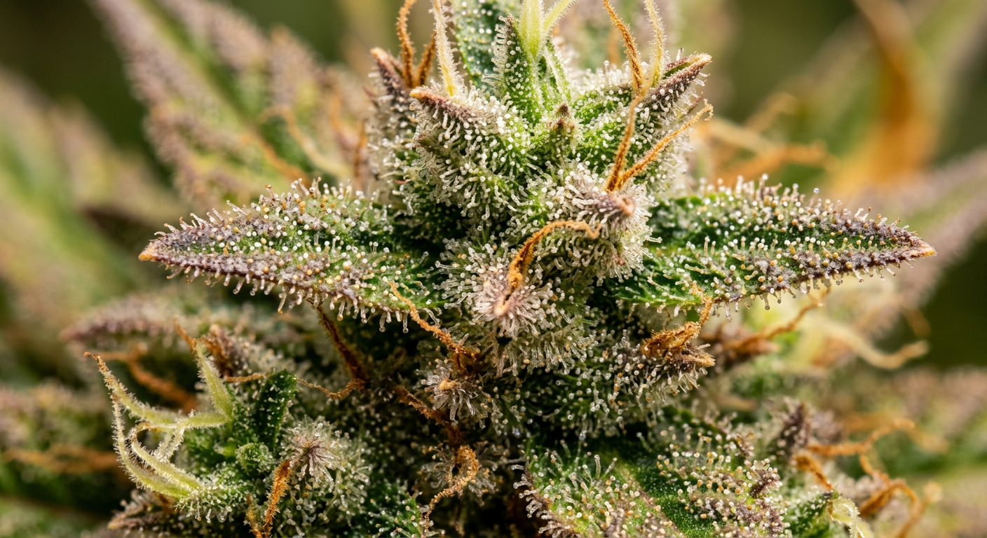 Makroaufnahme von Cannabistrichomen auf einer Blüte mit klaren, milchigen und bernsteinfarbenen Kristallen