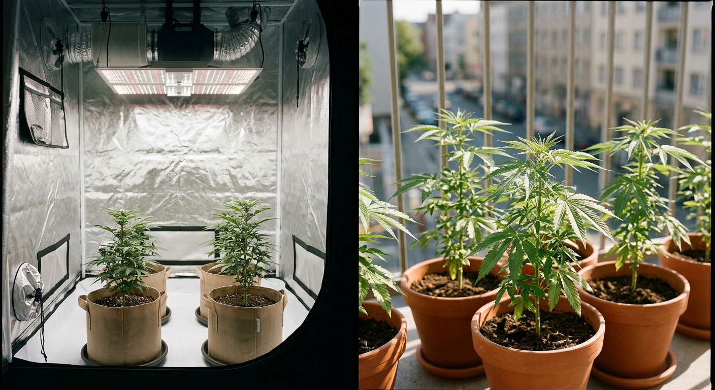 Vergleich: Autoflower-Pflanzen im Indoor-Growzelt unter LED links und auf sonnigem Balkon rechts