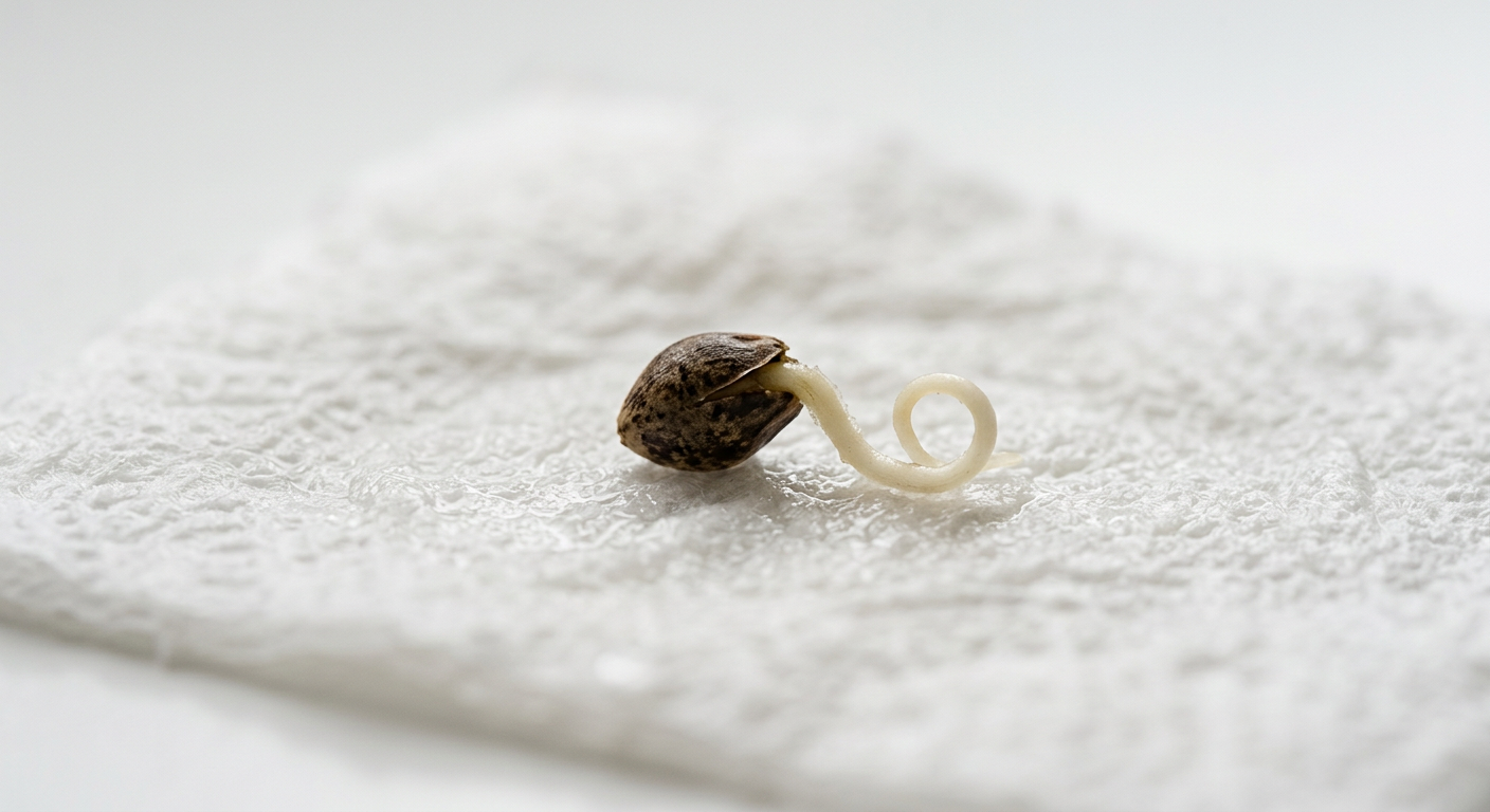 Cannabis-Samen auf feuchtem Papiertuch mit kleiner weißer Pfahlwurzel von etwa 1,5 cm Länge