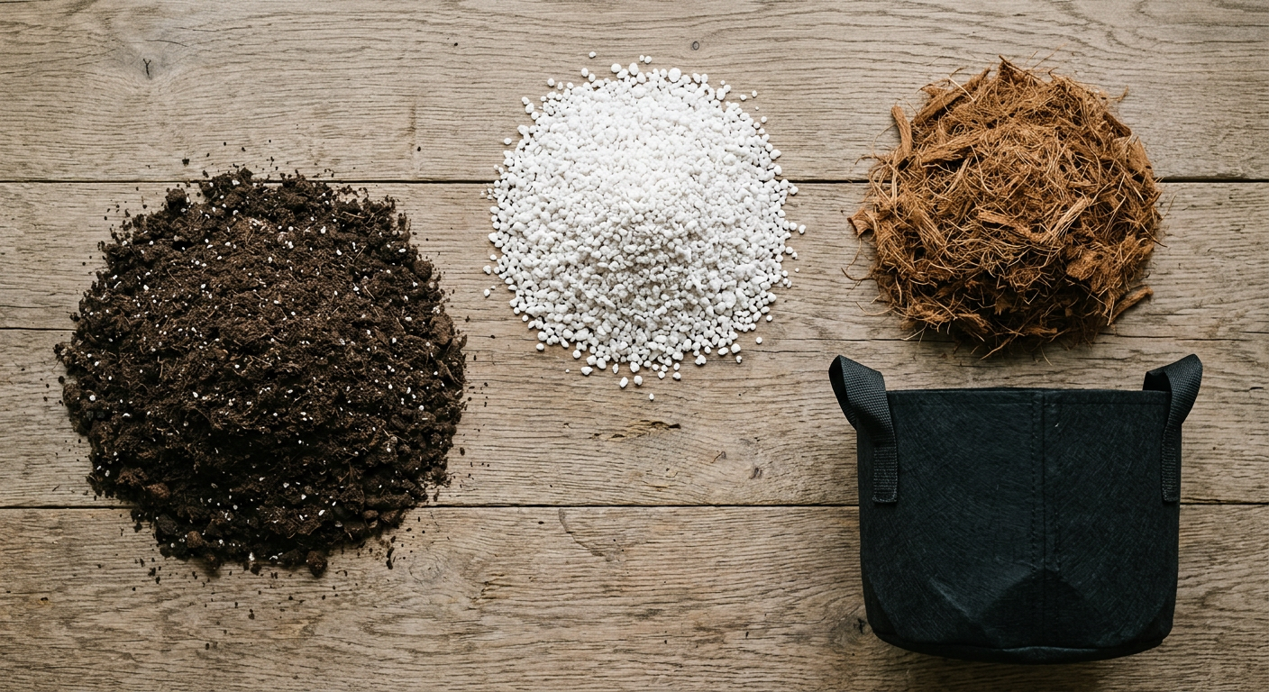 Drei Häufchen aus Blumenerde, Perlit und Kokosfaser nebeneinander mit schwarzem Stofftopf daneben