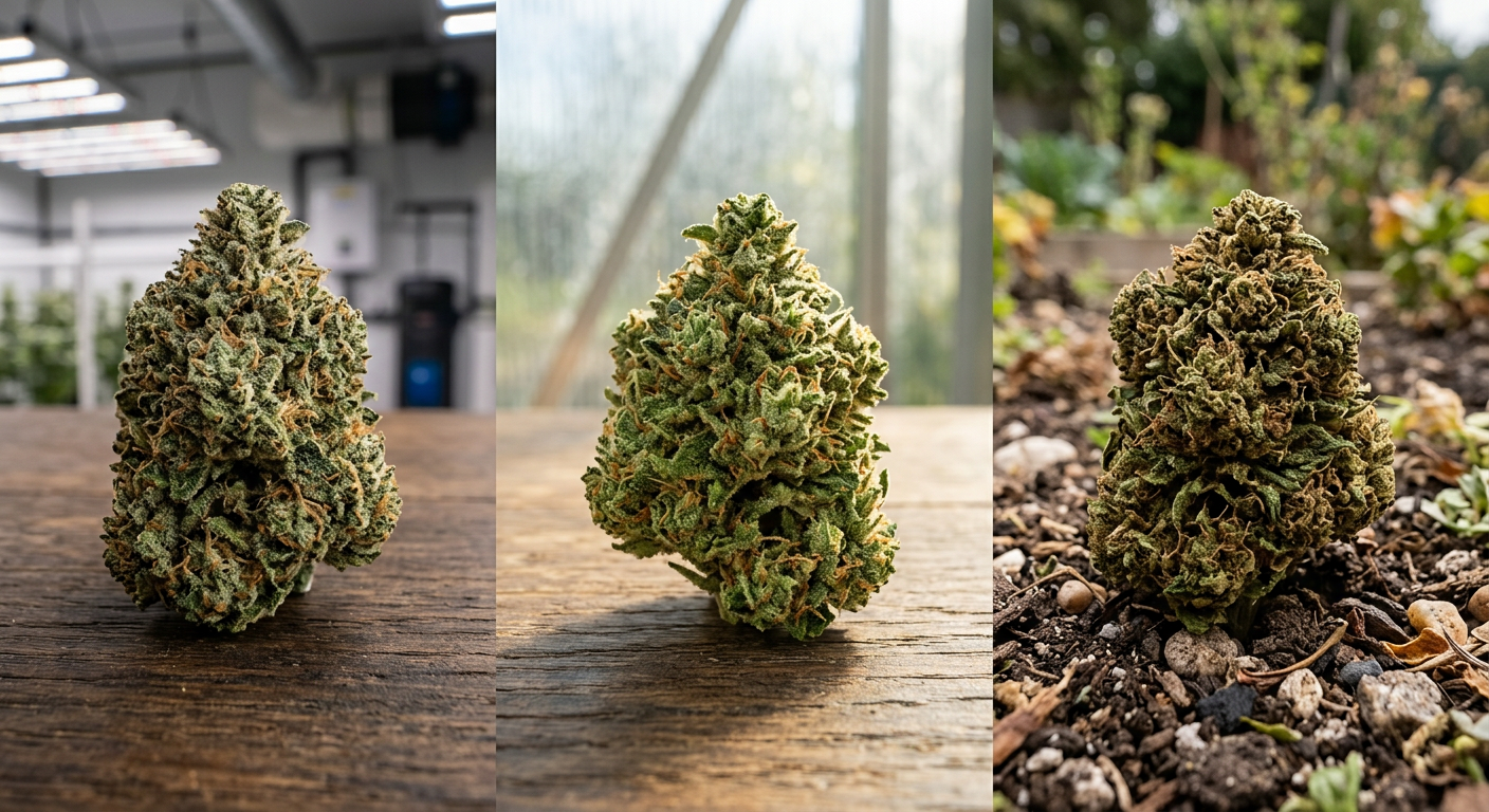 Drei Cannabisblüten nebeneinander: Indoor-, Greenhouse- und Outdoor-Anbau im Vergleich