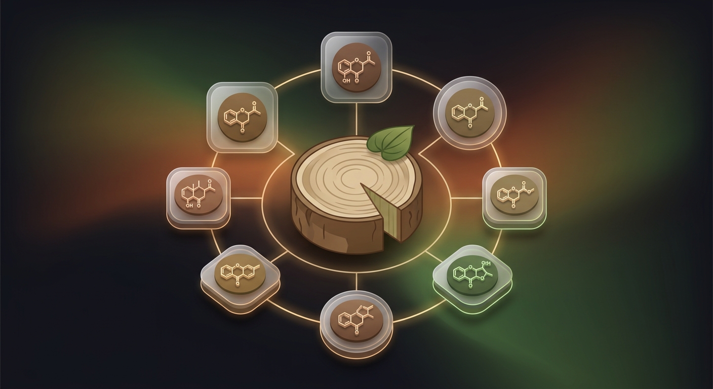 Illustration eines Kava-Wurzelquerschnitts mit sechs verschiedenen Kavalakton-Wirkstoffgruppen als Diagramm