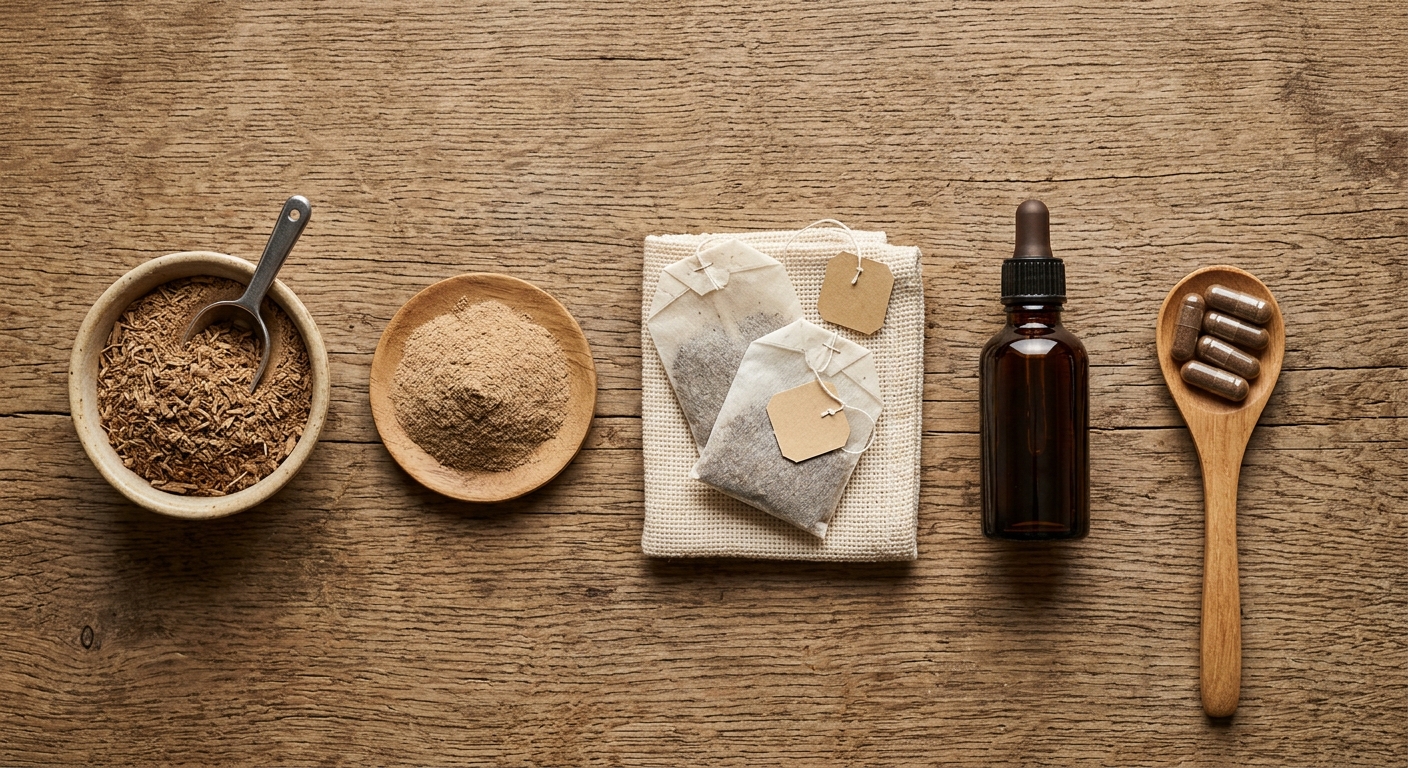 Fünf Kava-Produktformen im Überblick: Pulver, Micronized, Teebeutel, Fertigdrink und Kapseln nebeneinander