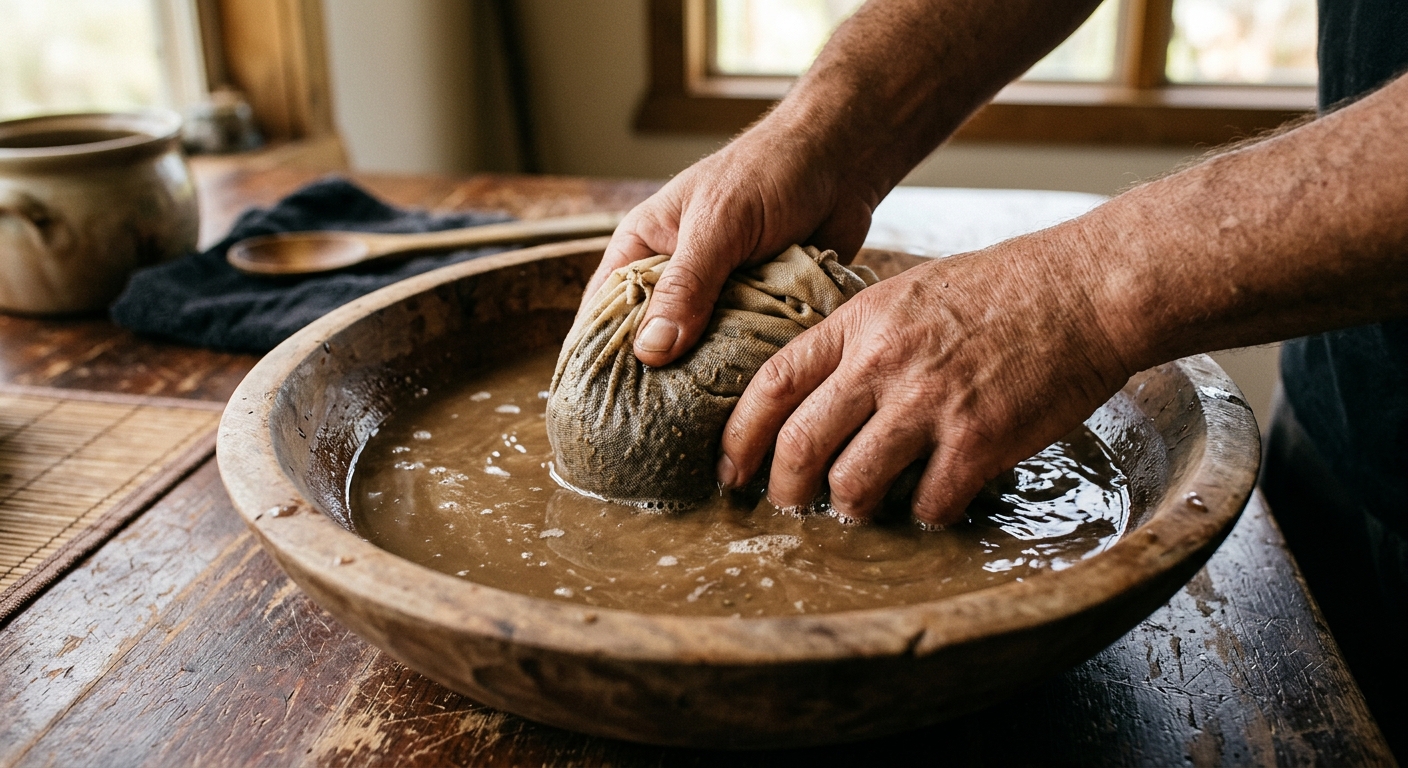 Hände kneten einen Musselinbeutel mit Kava-Pulver in einer Holzschüssel mit trübem Wasser – traditionelle Zubereitung