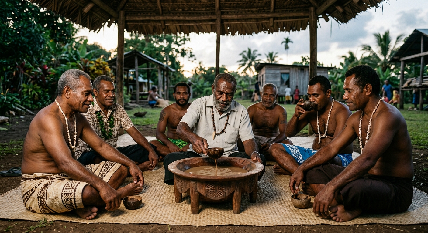 Gruppe pazifischer Männer bei traditioneller Kava-Zeremonie mit Holzschüssel und Kokosnussschalen