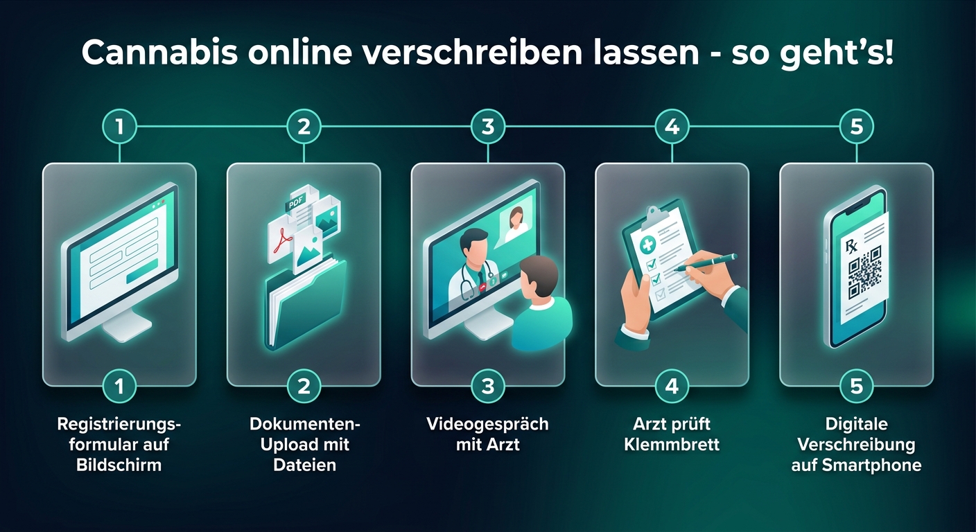Fünfstufiger Prozessablauf vom Online-Fragebogen über Videocall bis zum digitalen Cannabis-Rezept