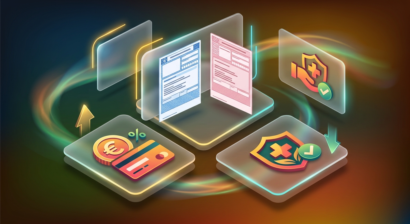 Blaues Privatrezept und rosa Kassenrezept nebeneinander mit Krankenkassenkarte und Münze