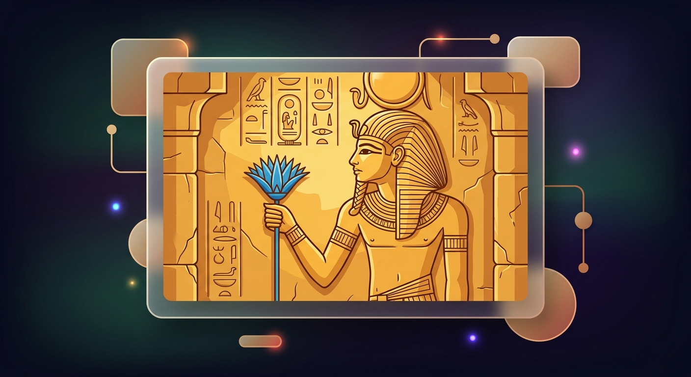 Altägyptisches Tempelrelief mit Pharao, der eine blaue Lotusblüte in der Hand hält