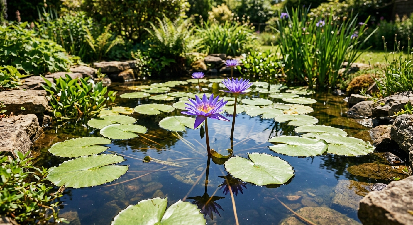 Gartenteich mit blühenden blauen Nymphaea caerulea Seerosen und runden Schwimmblättern an einem sonnigen Tag