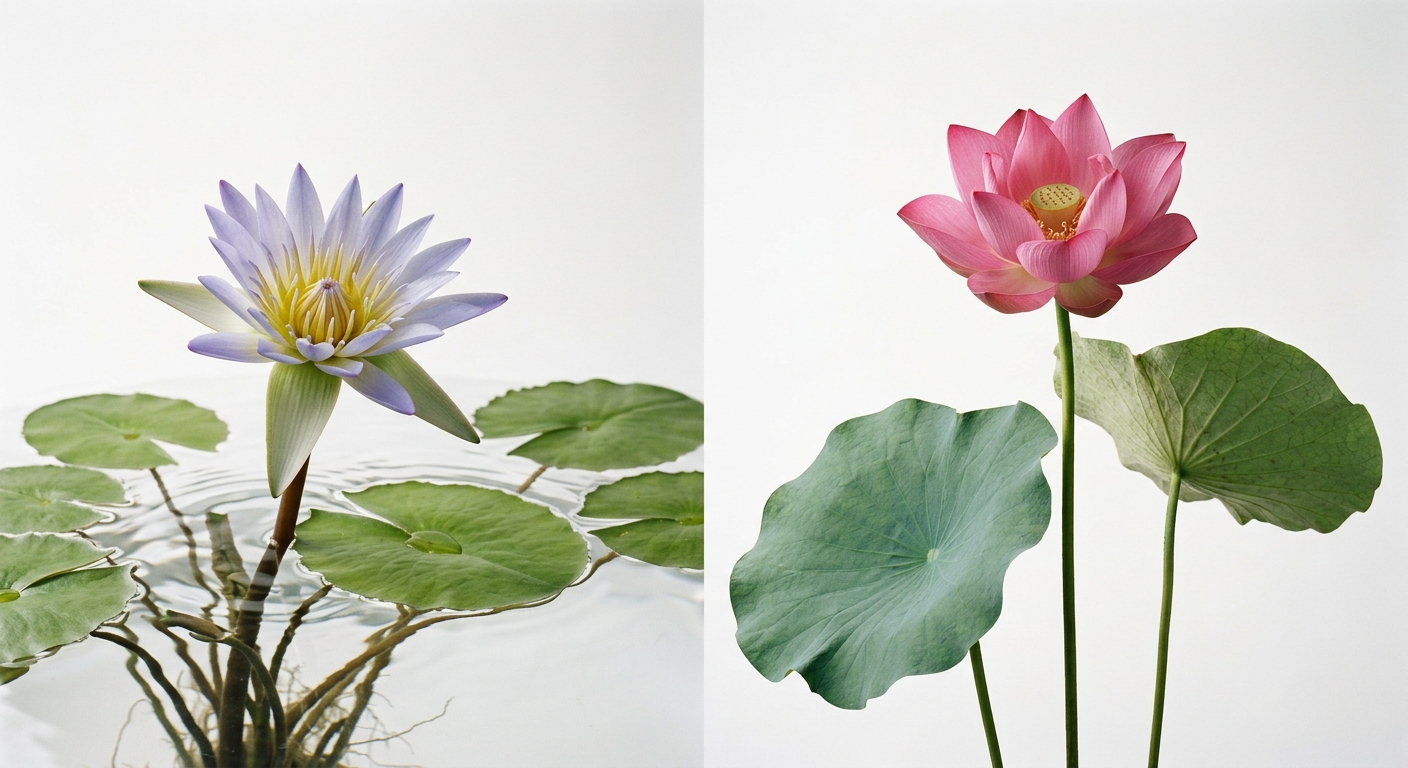 Vergleich: Nymphaea caerulea Seerose mit Schwimmblättern links, Nelumbo nucifera Lotus rechts