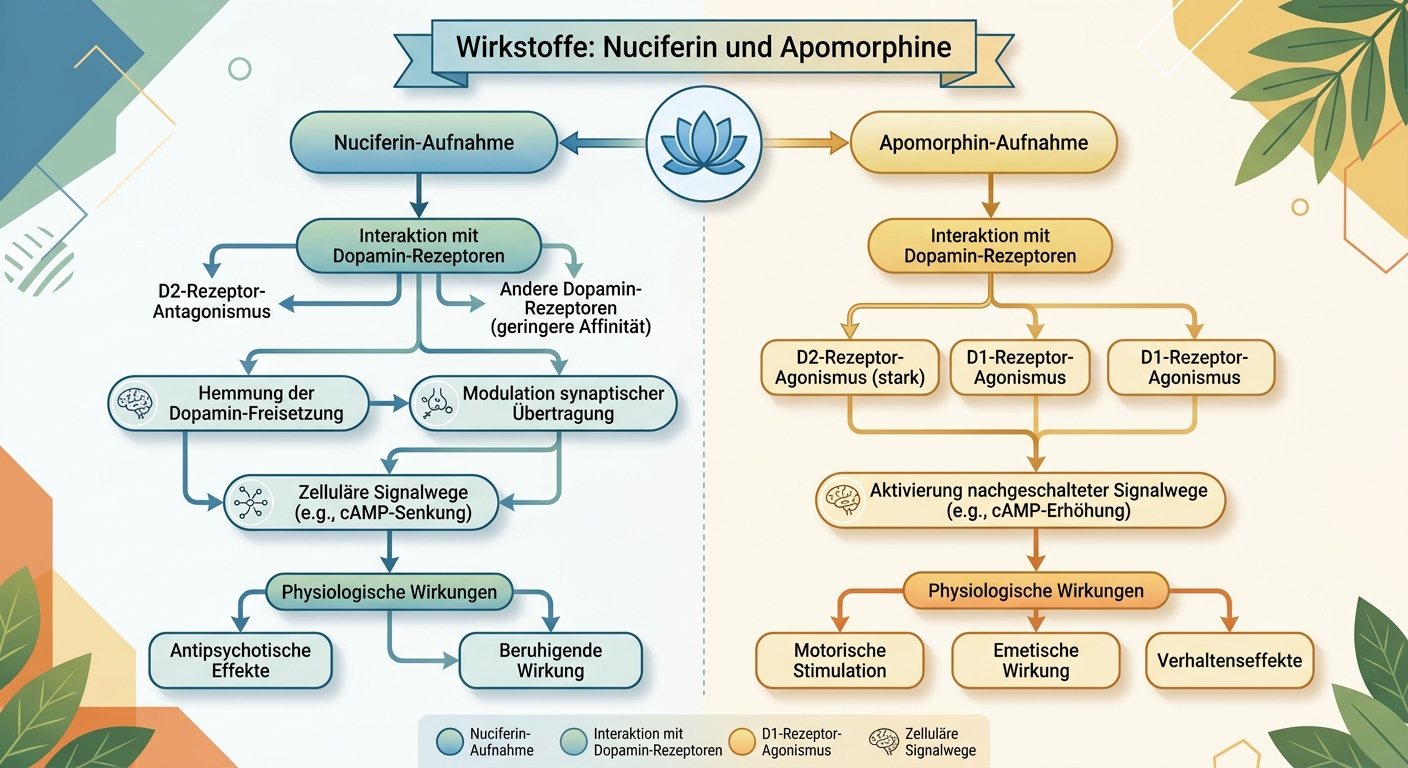 Illustration der Wirkstoffe Nuciferin und Apomorphin in der Lotusblüte und ihre Rezeptorwirkung im Gehirn