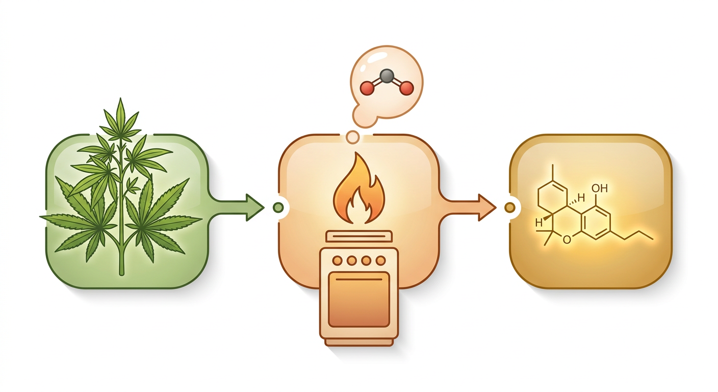 Diagramm zeigt Decarboxylierung: frische Cannabispflanze links, Hitzequelle Mitte, THC-Molekül rechts mit CO2-Abspaltung