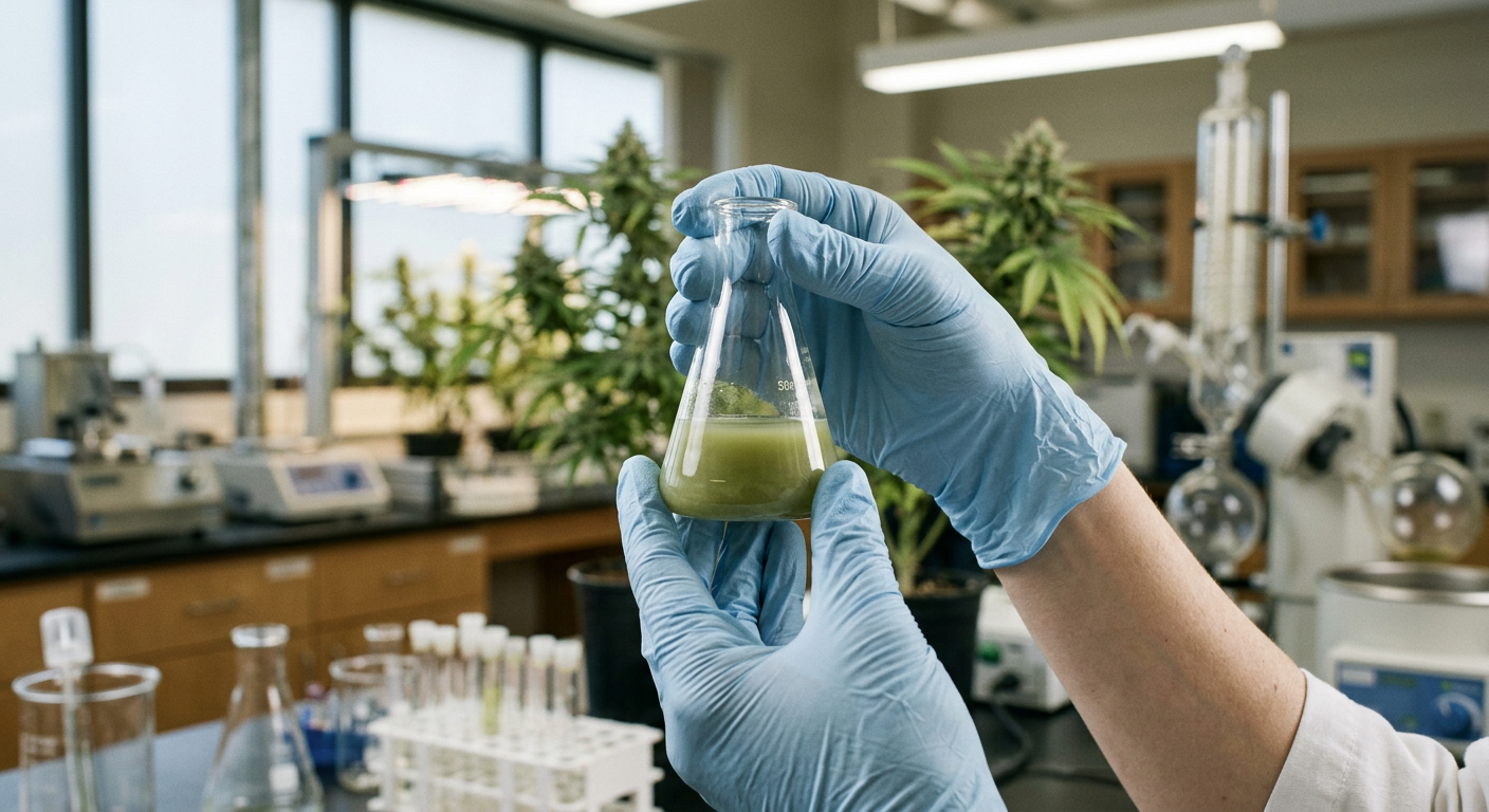 Forscher in weißen Laborhandschuhen hält Glaskolben mit grüner Flüssigkeit, Labor und Cannabispflanze im Hintergrund