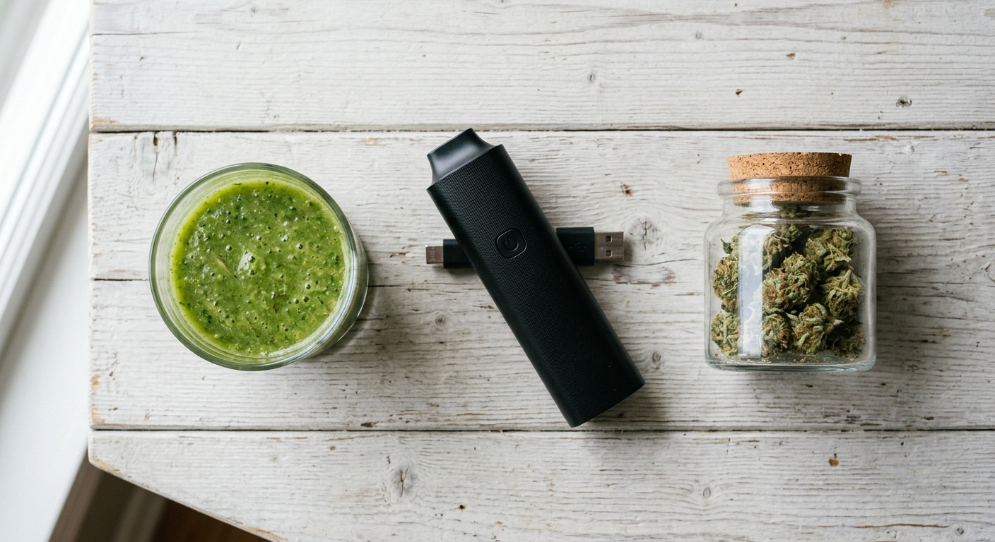 Verschiedene Cannabis-Konsummethoden: Grüner Smoothie, Vaporizer und getrocknete Blüten nebeneinander auf weißem Untergrund